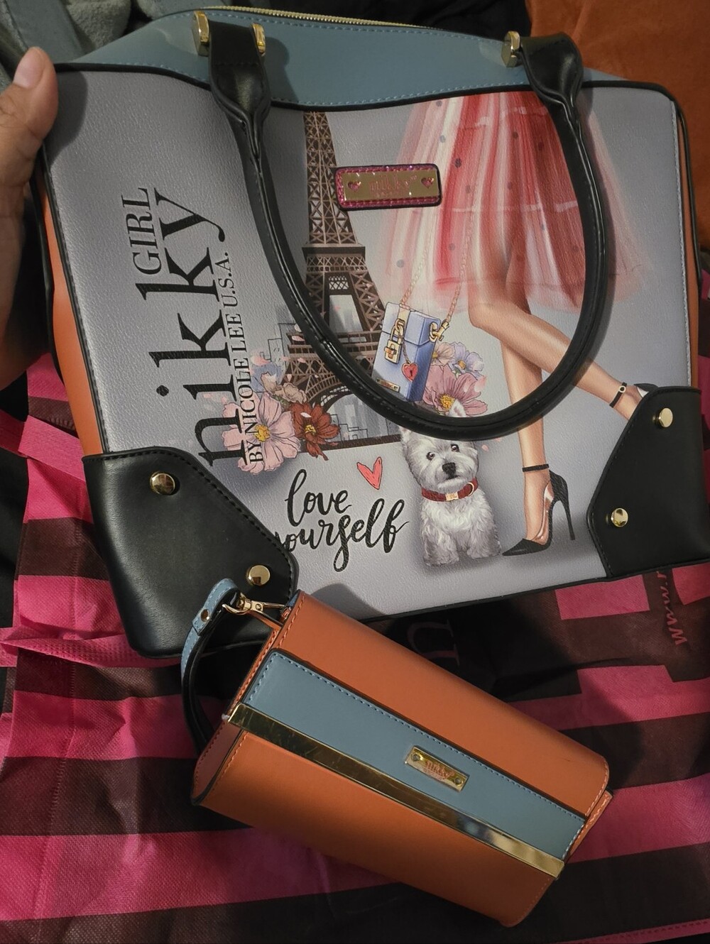 Nicole Lee Blue Pink Black Paris Illustration Satchel
